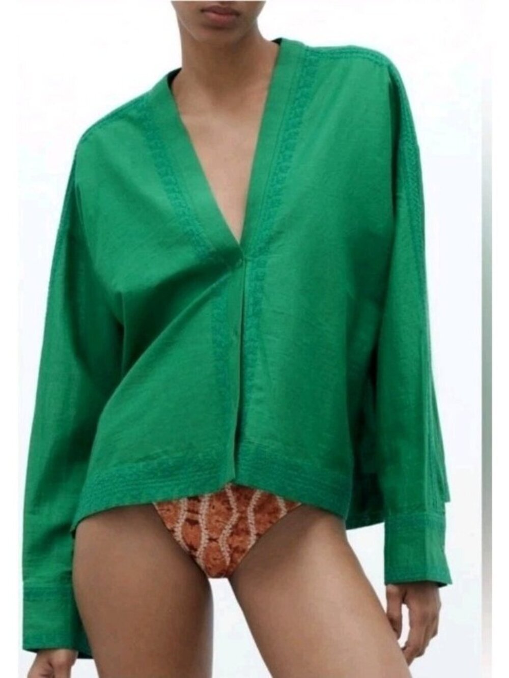 Zara Boho Oversized Boxy Embroidered Slouchy Comfy Grunge Blouse  Size L  Green